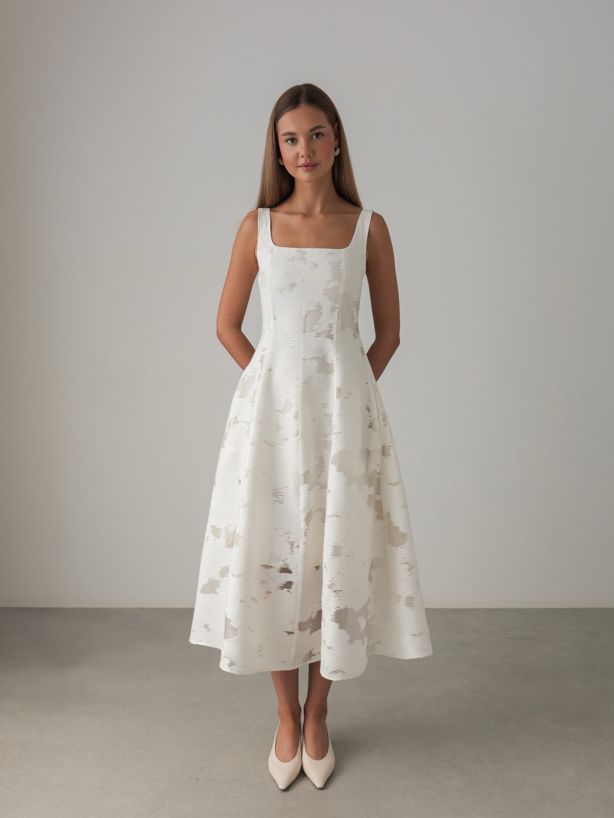 White Jacquard Midi Dress
