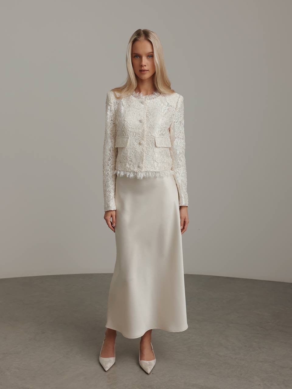 Cream Satin Midi Skirt