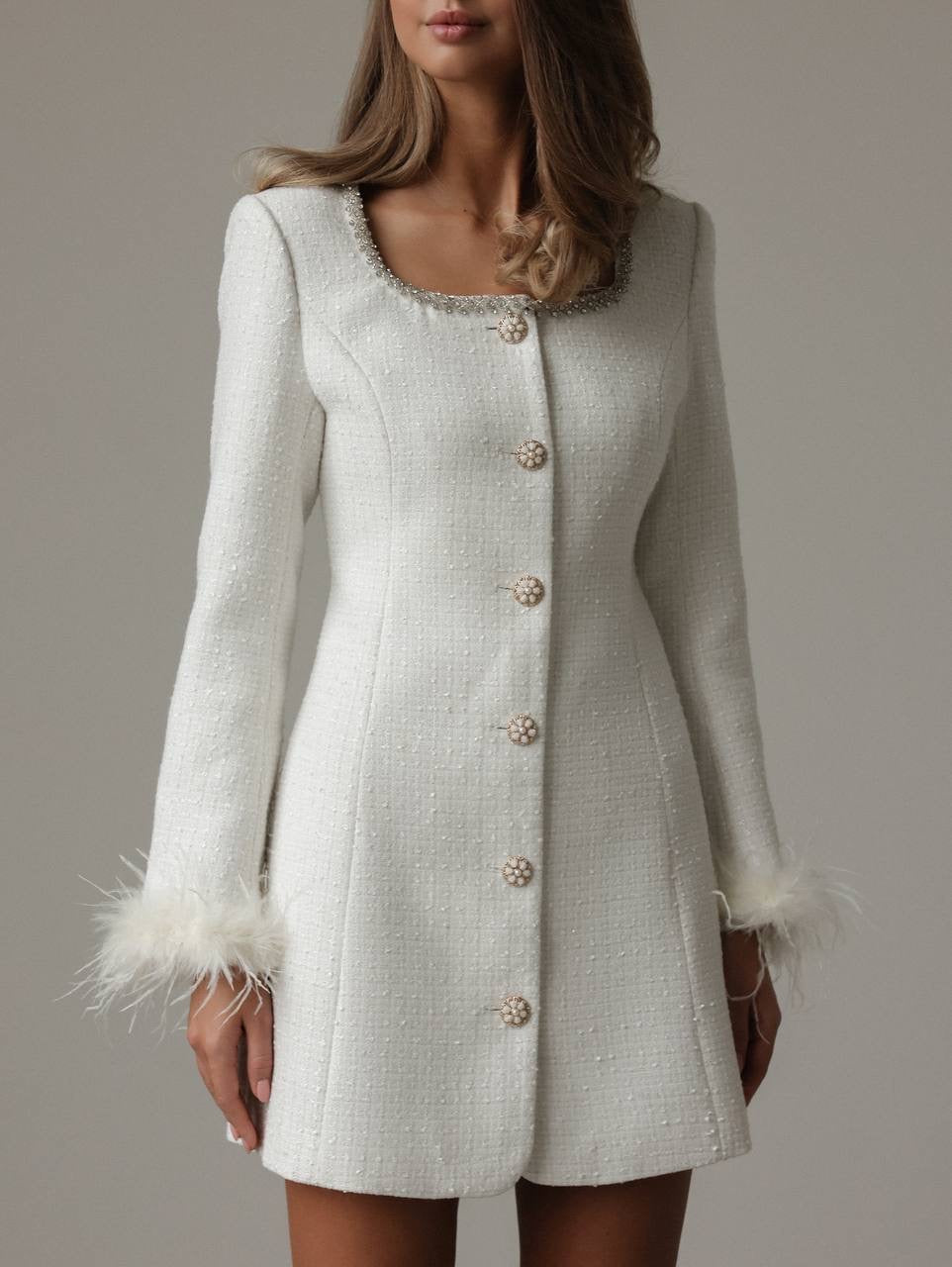 Elegant White Tweed Dress with Feather Cuffs