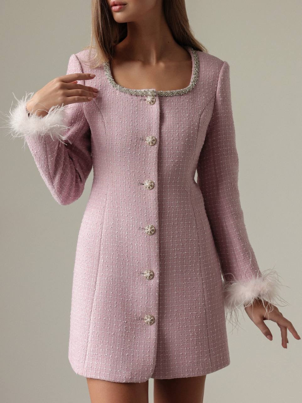 New pink offers tweed feather dress