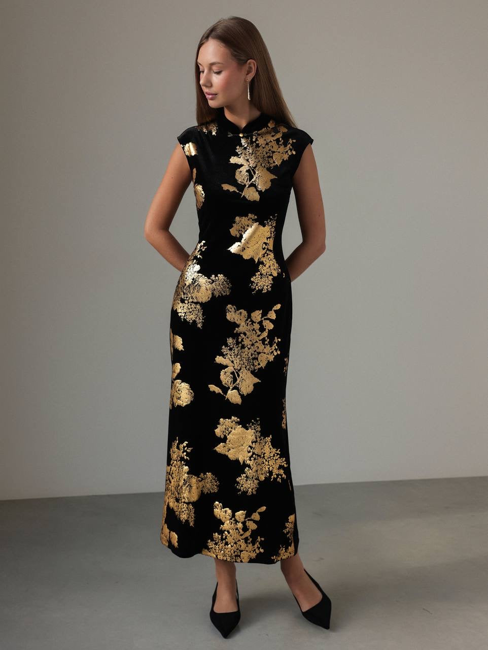 Floral Gold-Print Dress