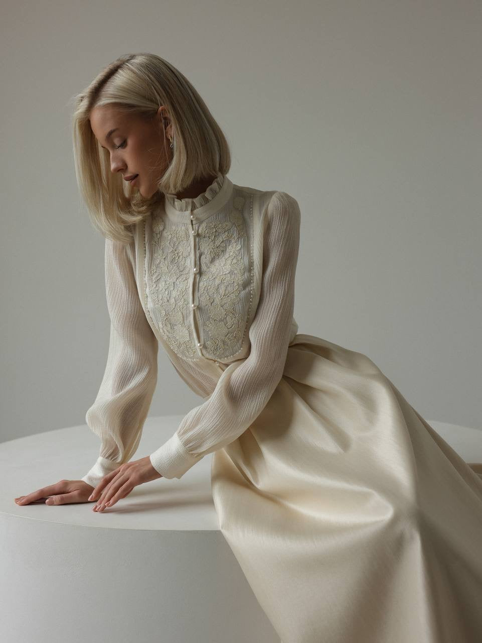 Cream Satin Midi Skirt