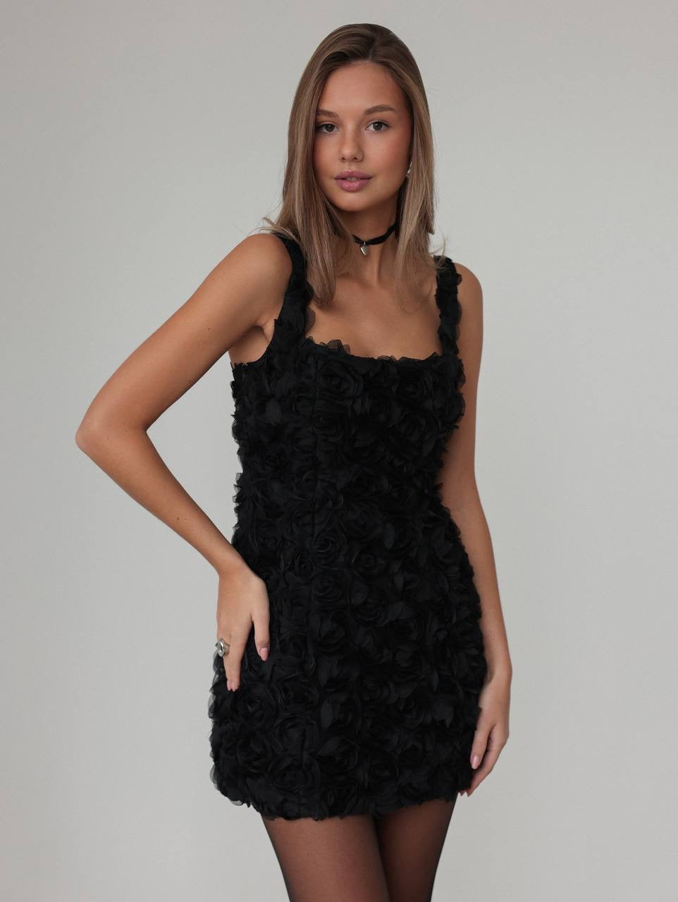 Elegant Rose Textured Black Mini Dress