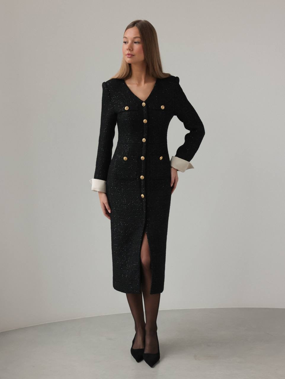 Elegant Black Tweed Midi Dress with Gold Buttons