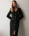 Elegant Black Tweed Midi Dress with Gold Buttons
