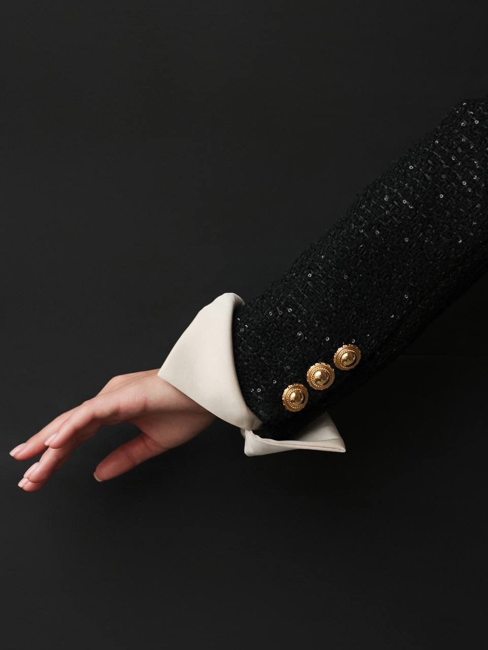 Elegant Black Tweed Midi Dress with Gold Buttons