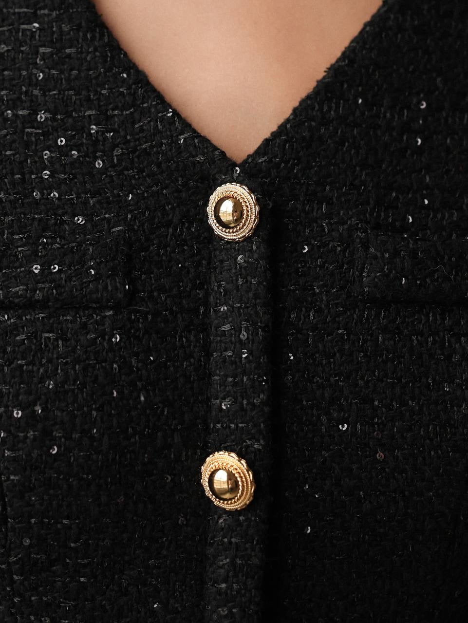 Elegant Black Tweed Midi Dress with Gold Buttons