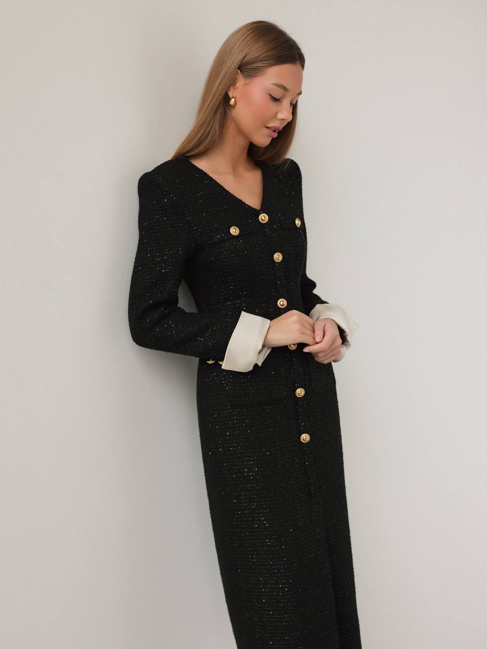 Elegant Black Tweed Midi Dress with Gold Buttons