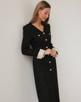 Elegant Black Tweed Midi Dress with Gold Buttons
