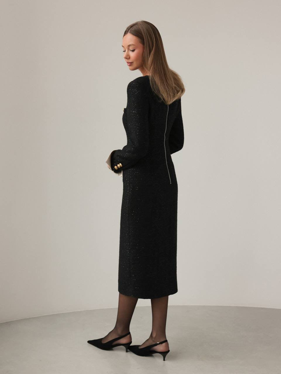 Elegant Black Tweed Midi Dress with Gold Buttons