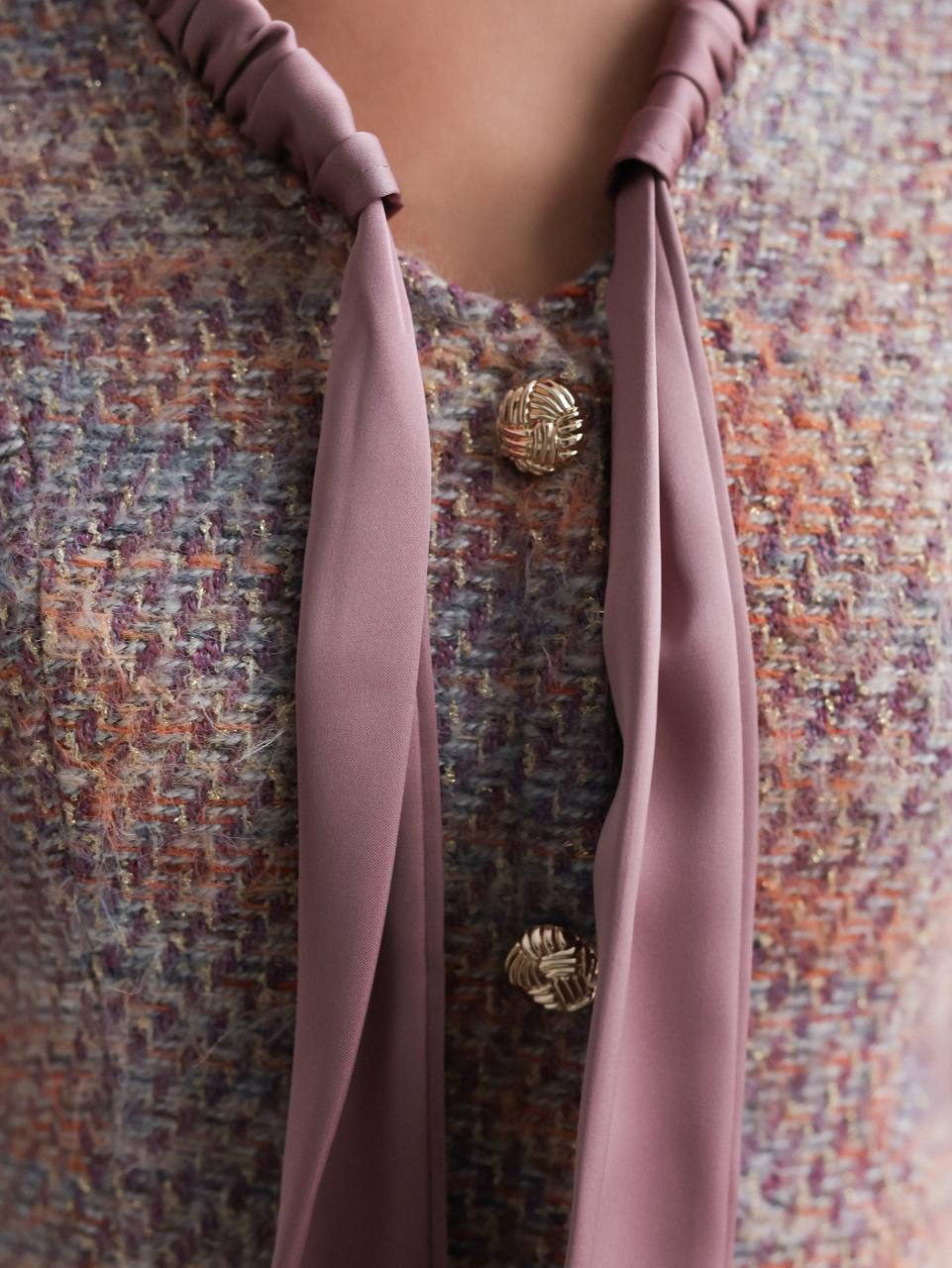Romantic Bow-Detail Tweed Mini Dress
