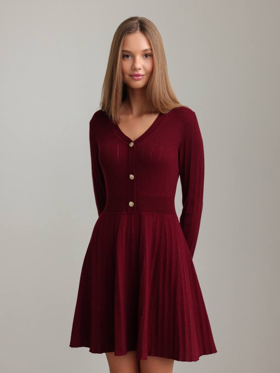 Elegant Burgundy Knit Flare Dress
