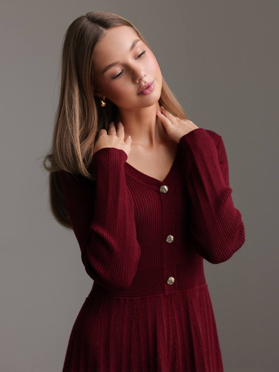 Elegant Burgundy Knit Flare Dress
