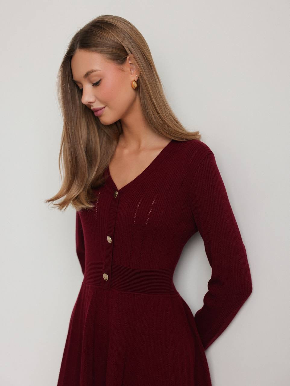 Elegant Burgundy Knit Flare Dress