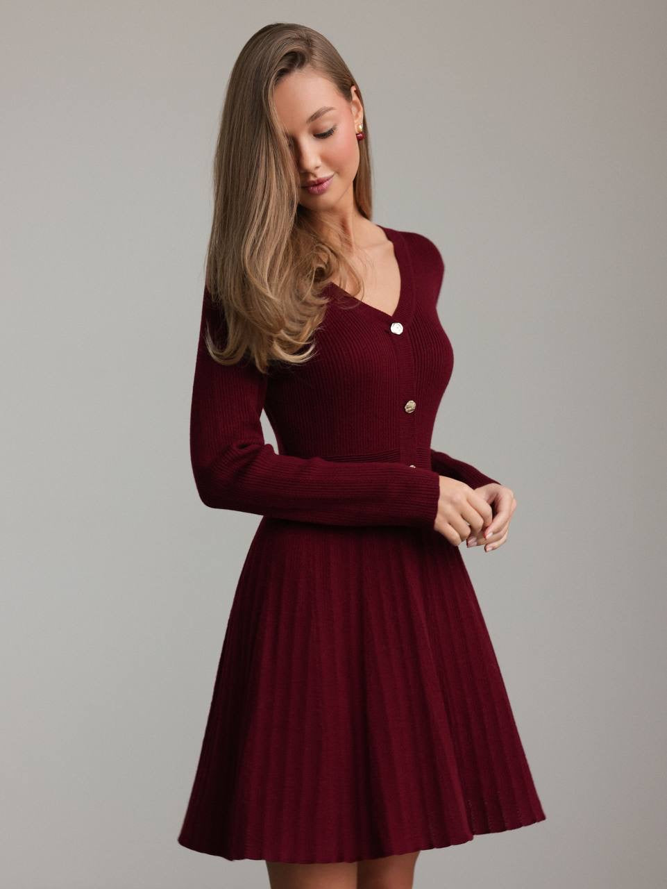 Elegant Burgundy Knit Flare Dress