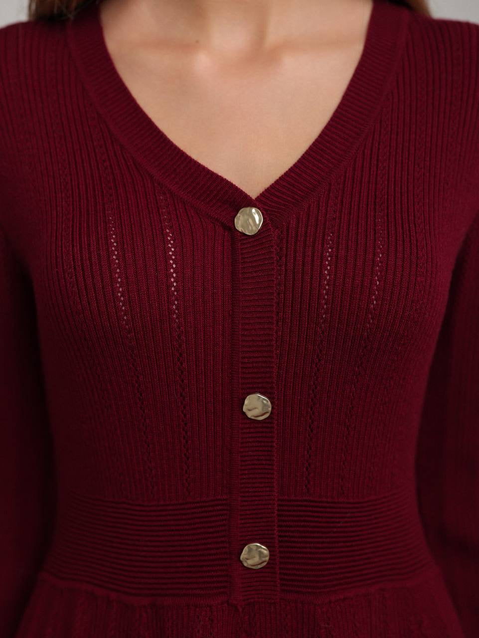 Elegant Burgundy Knit Flare Dress