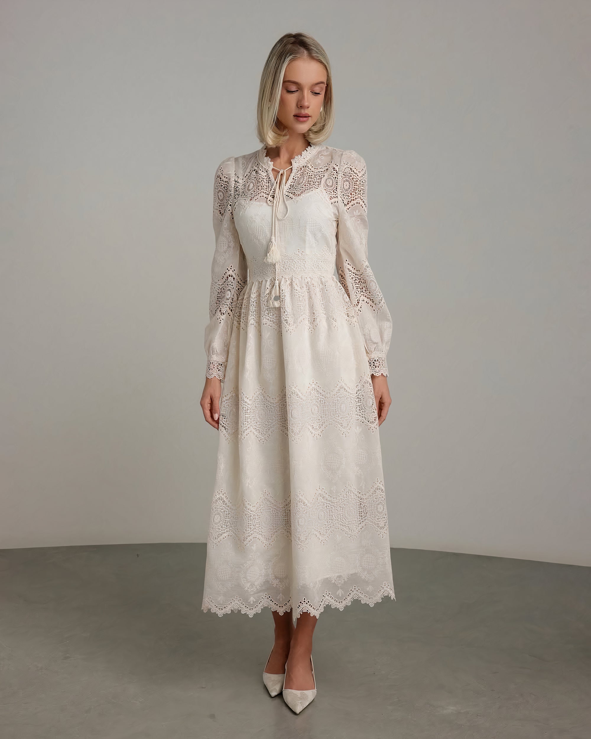 Pearl Embroidered Lace Midi Dress