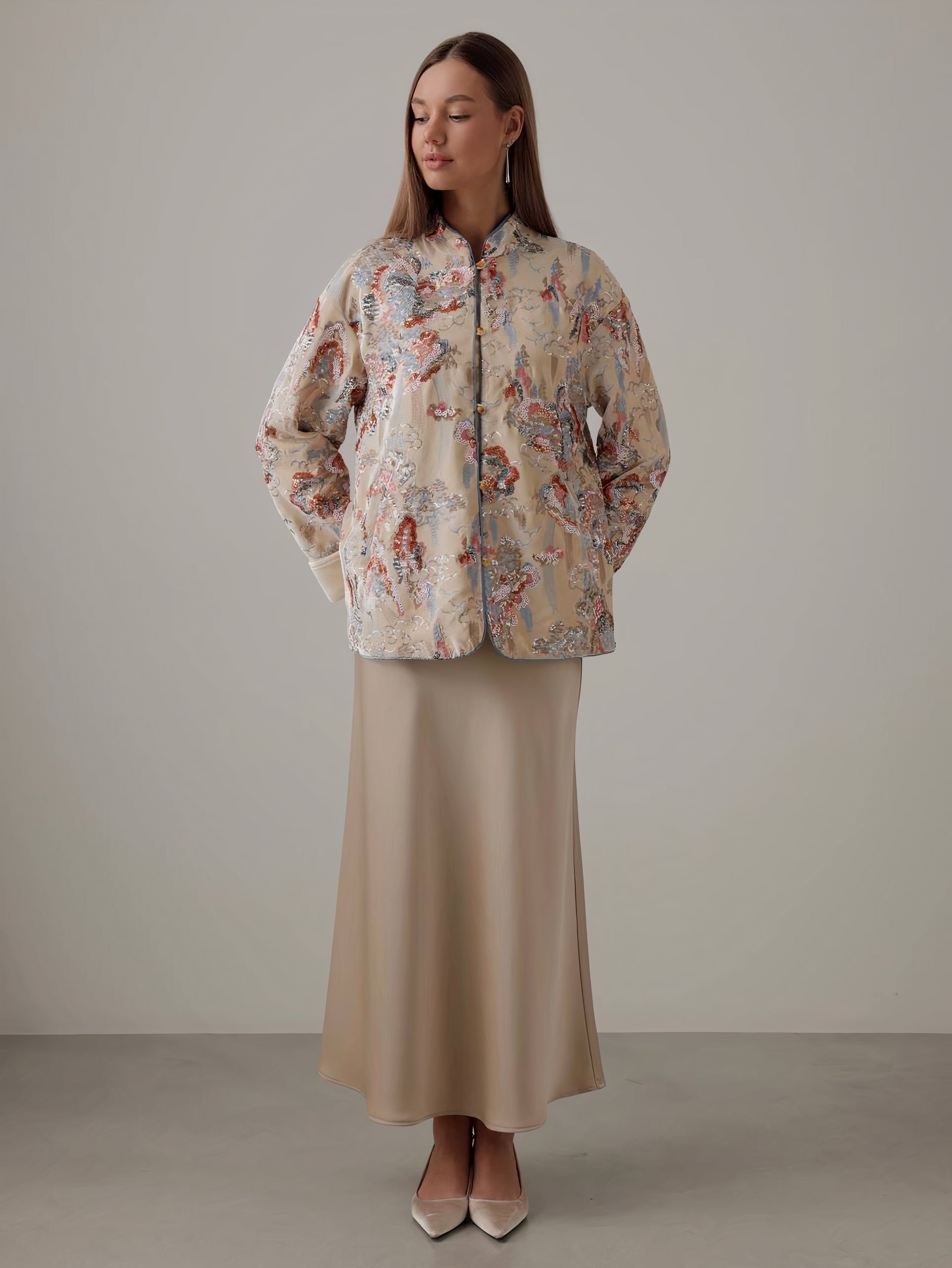 Luna Beige Satin Midi Skirt