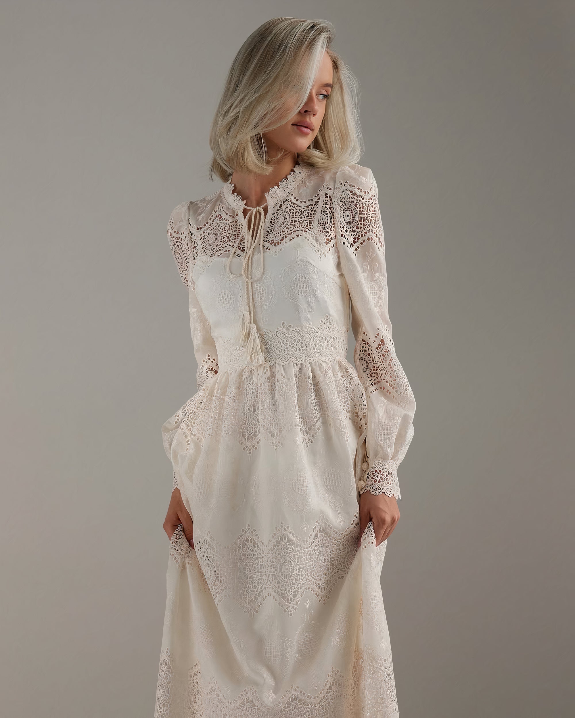 Pearl Embroidered Lace Midi Dress