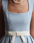 Baby‑Blue Belted Pleated Midi Dress