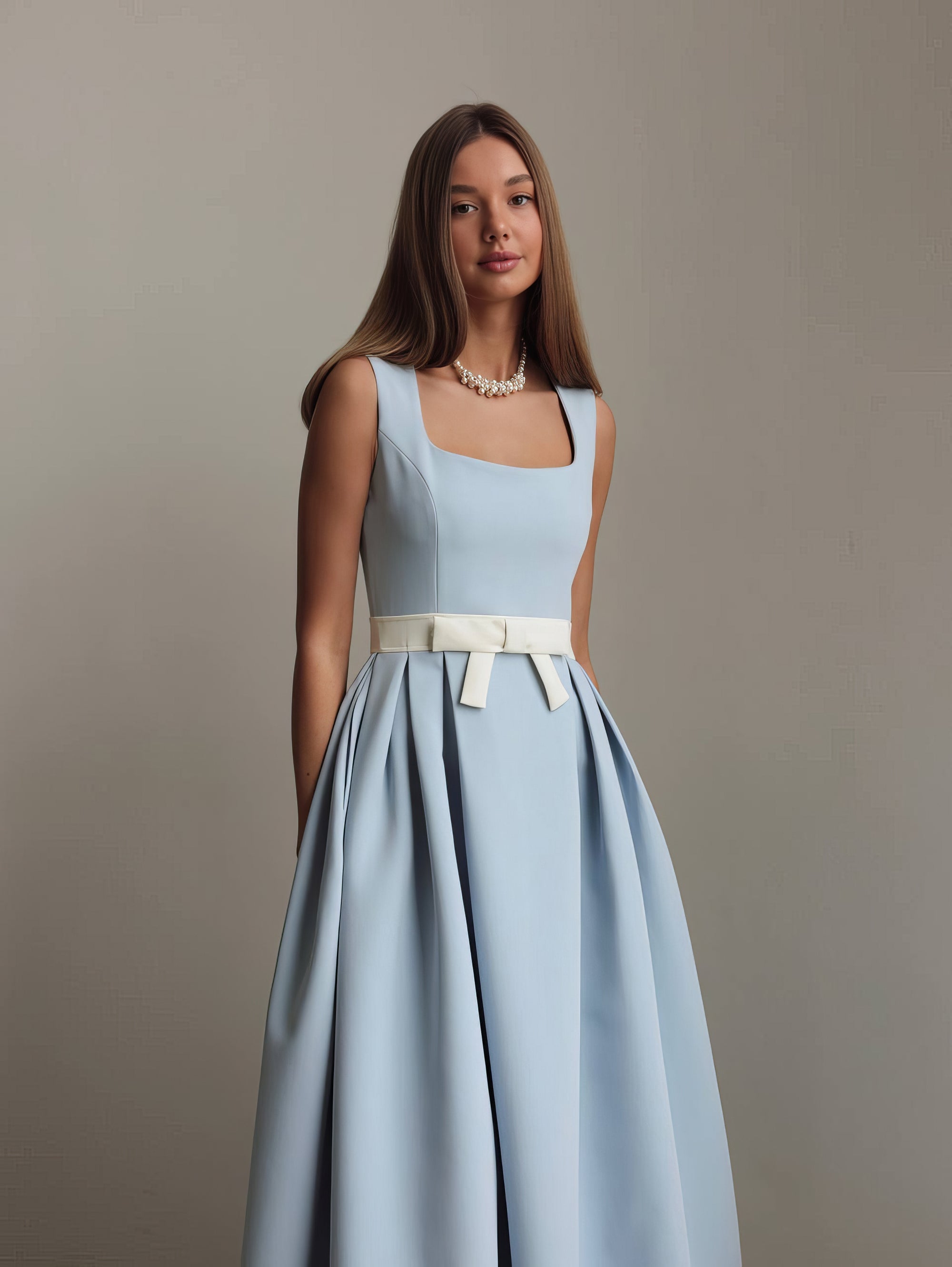 Baby‑Blue Belted Pleated Midi Dress