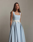 Baby‑Blue Belted Pleated Midi Dress