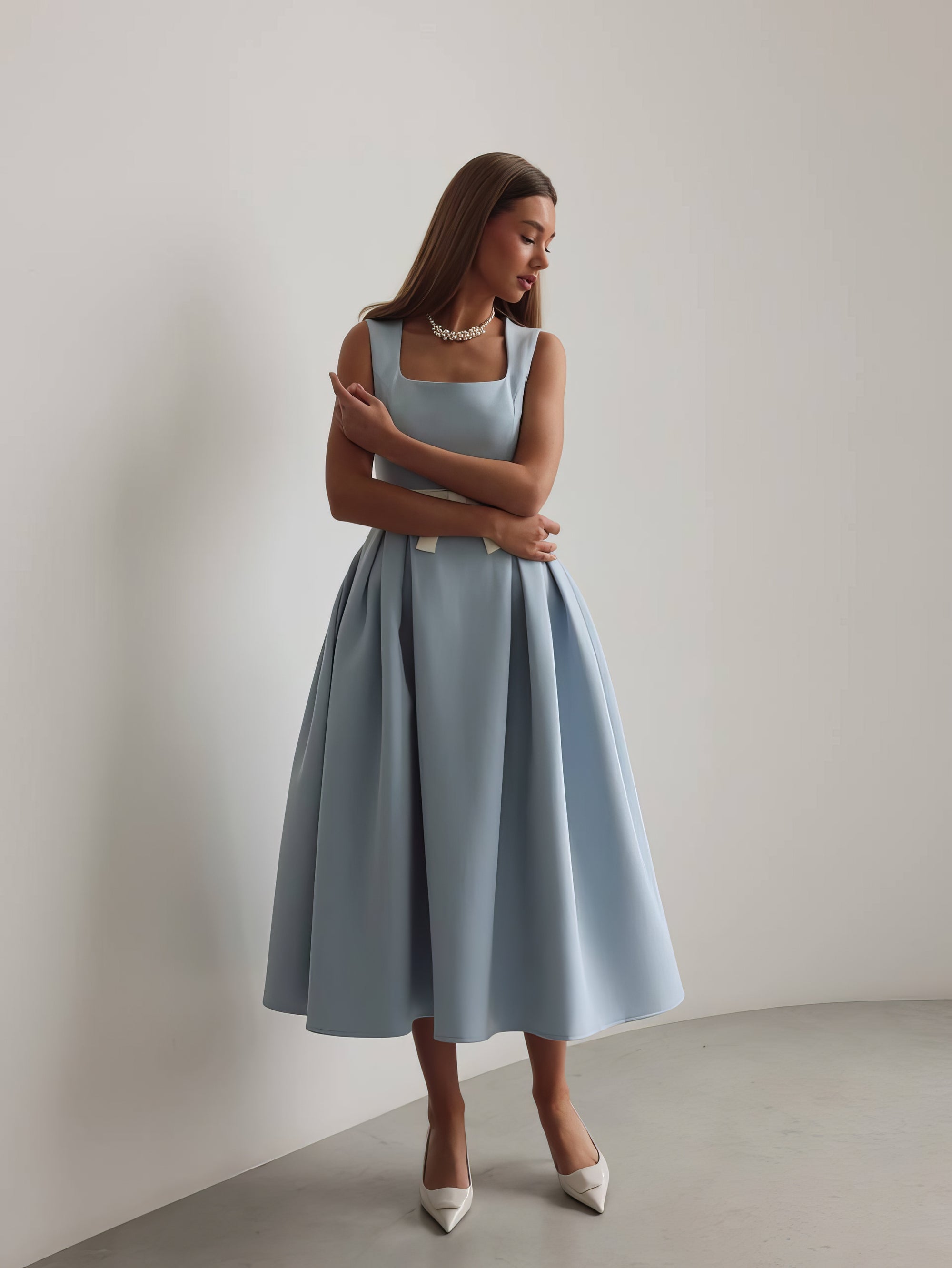 Baby‑Blue Belted Pleated Midi Dress
