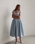 Baby‑Blue Belted Pleated Midi Dress