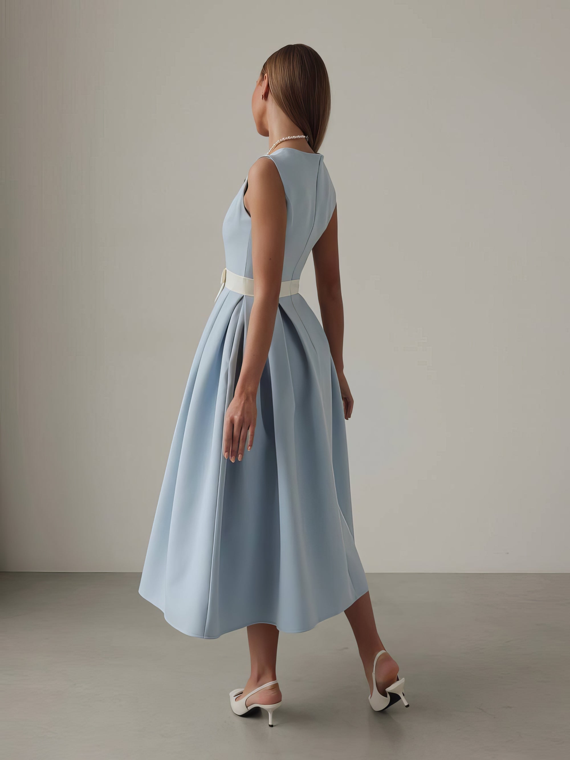 Baby‑Blue Belted Pleated Midi Dress