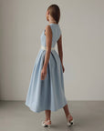 Baby‑Blue Belted Pleated Midi Dress