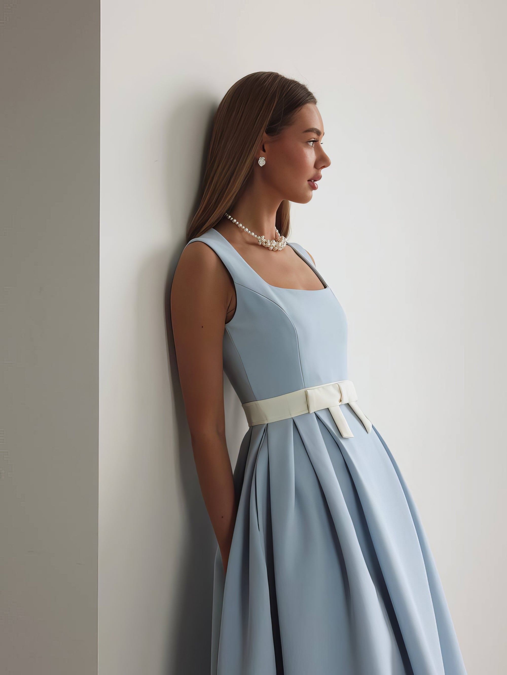 Baby‑Blue Belted Pleated Midi Dress
