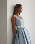 Baby‑Blue Belted Pleated Midi Dress