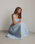 Baby‑Blue Belted Pleated Midi Dress