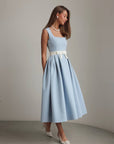 Baby‑Blue Belted Pleated Midi Dress