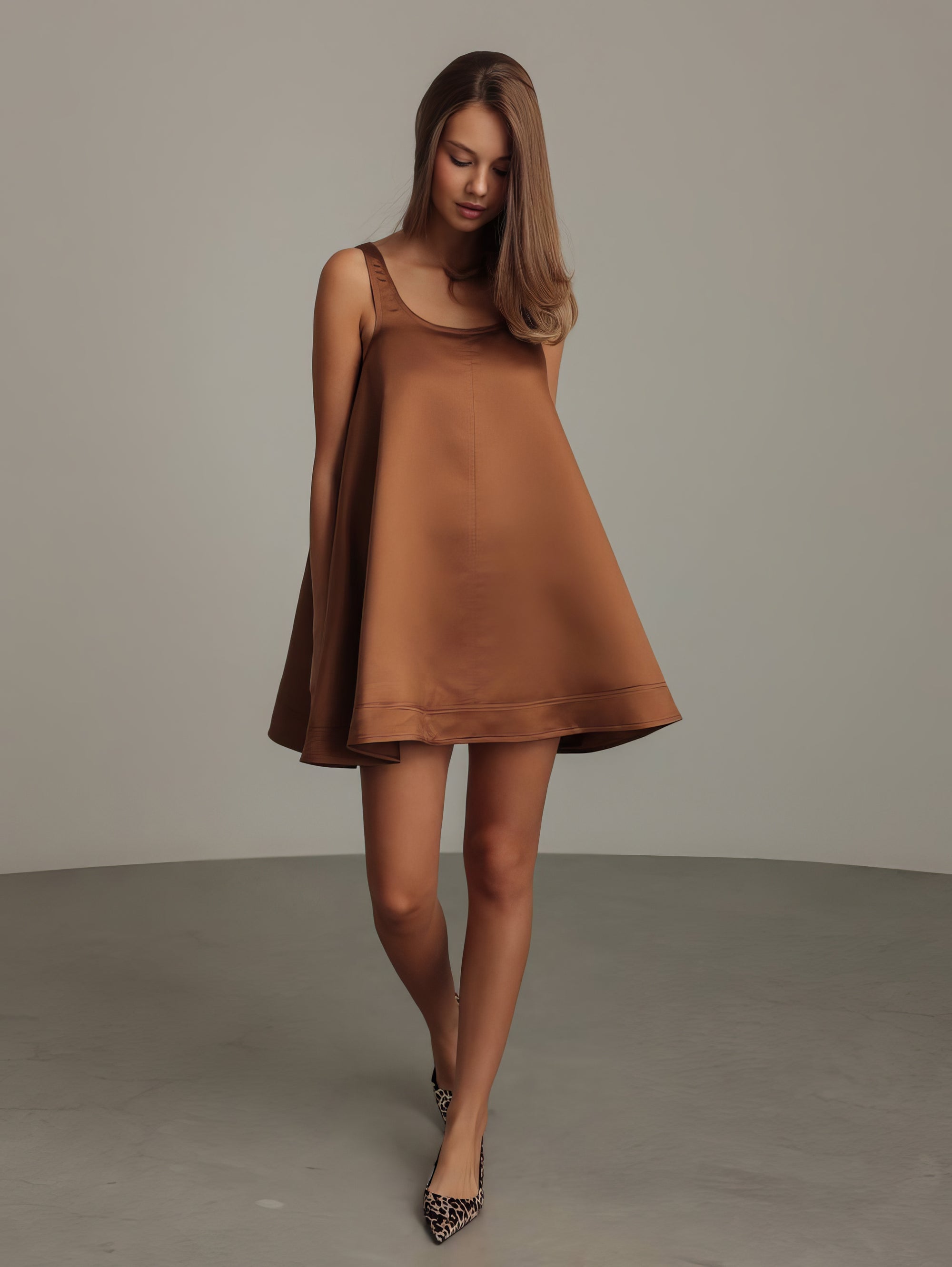 Caramel Satin Trapeze Dress
