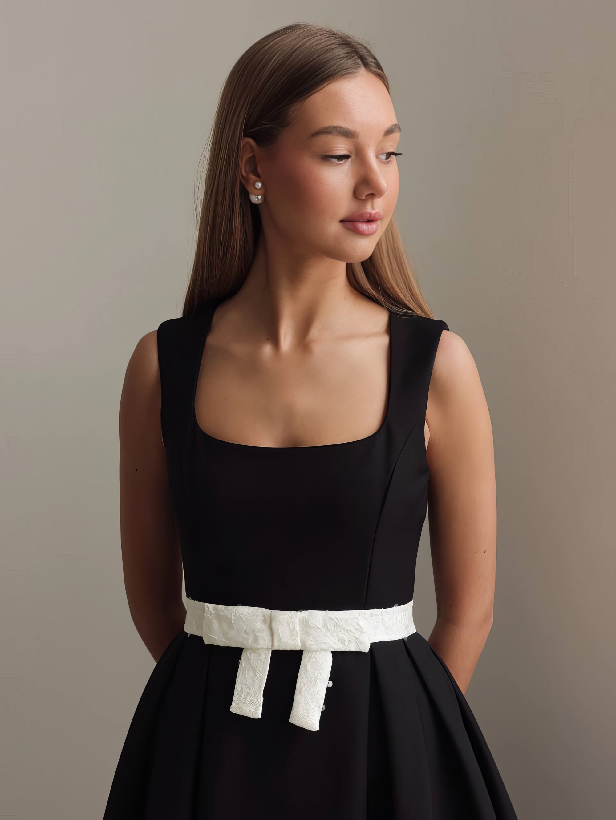 Black Belted Pleated Midi Dress