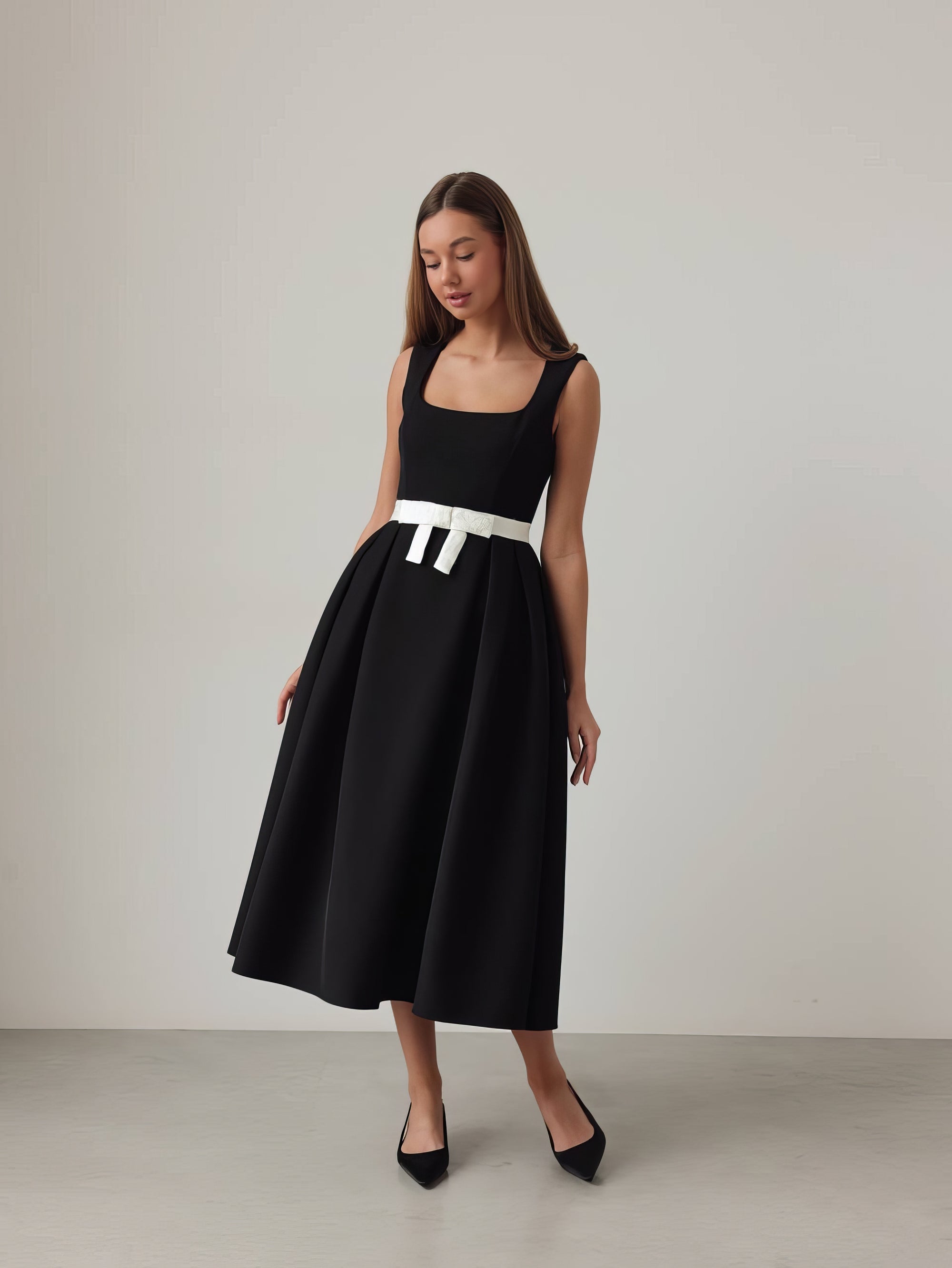 Black Belted Pleated Midi Dress