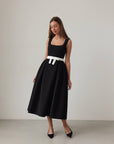 Black Belted Pleated Midi Dress
