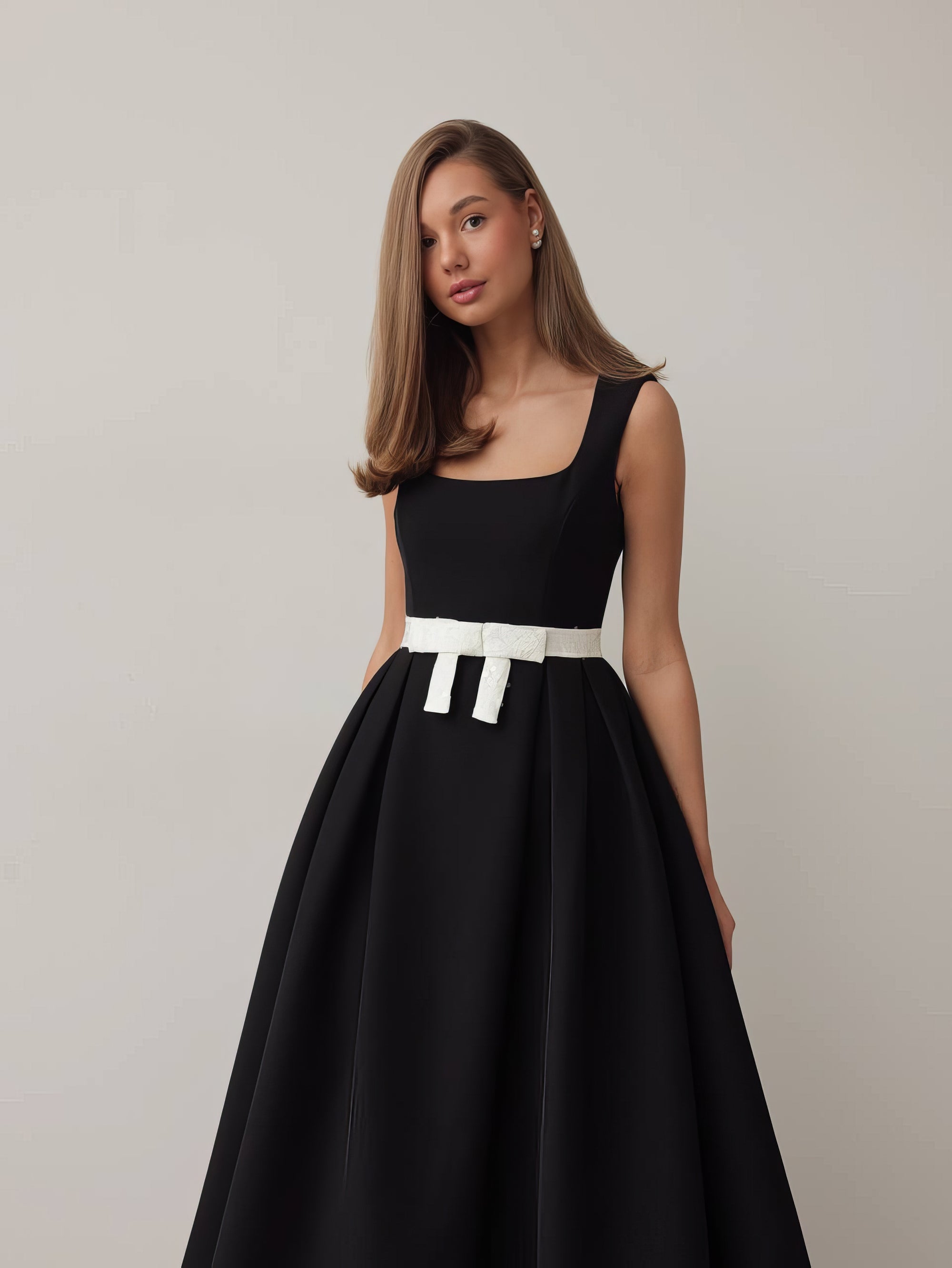 Black Belted Pleated Midi Dress
