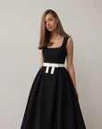 Black Belted Pleated Midi Dress