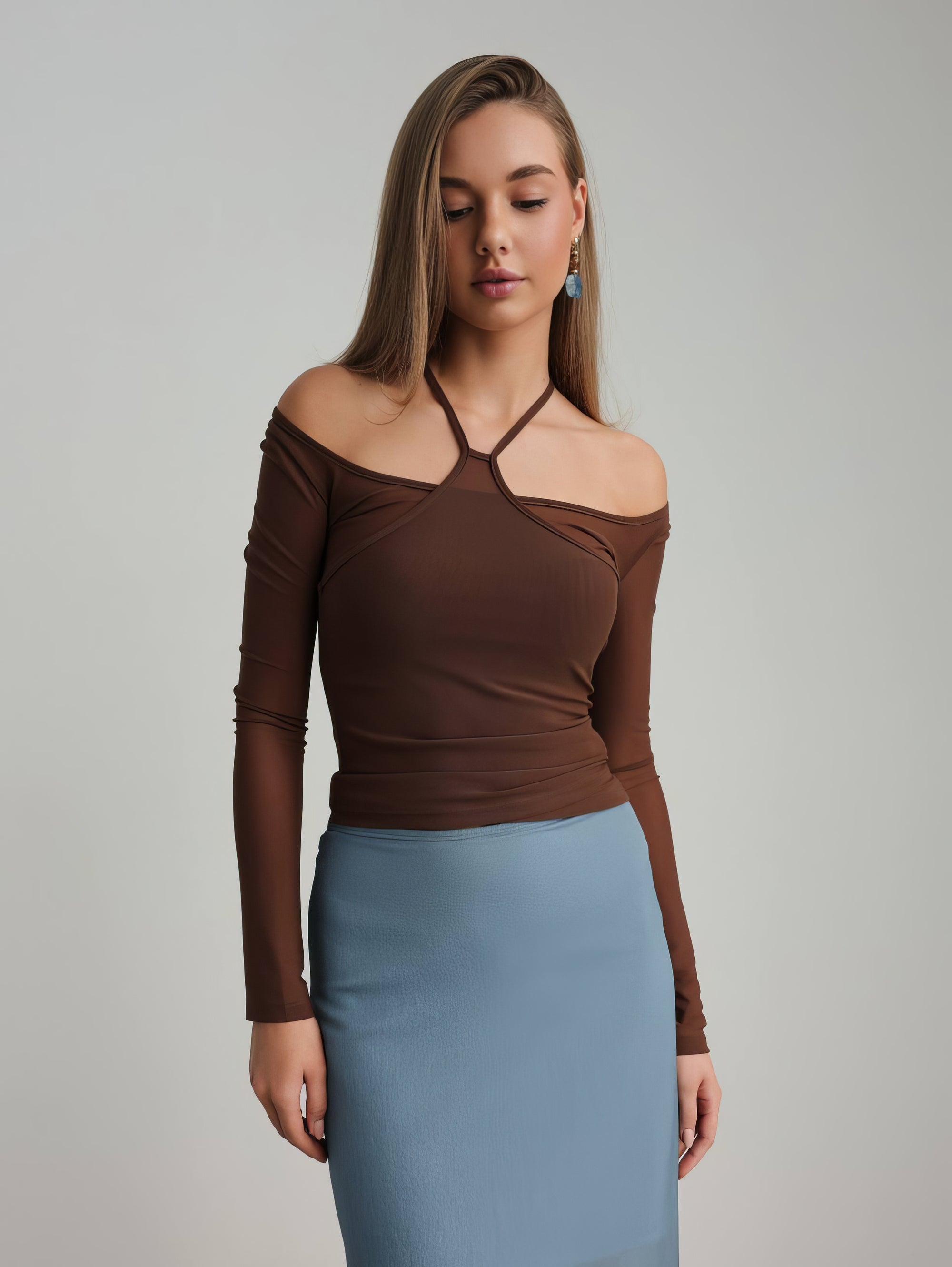 Asymmetric Cut Light Blue Midi Skirt