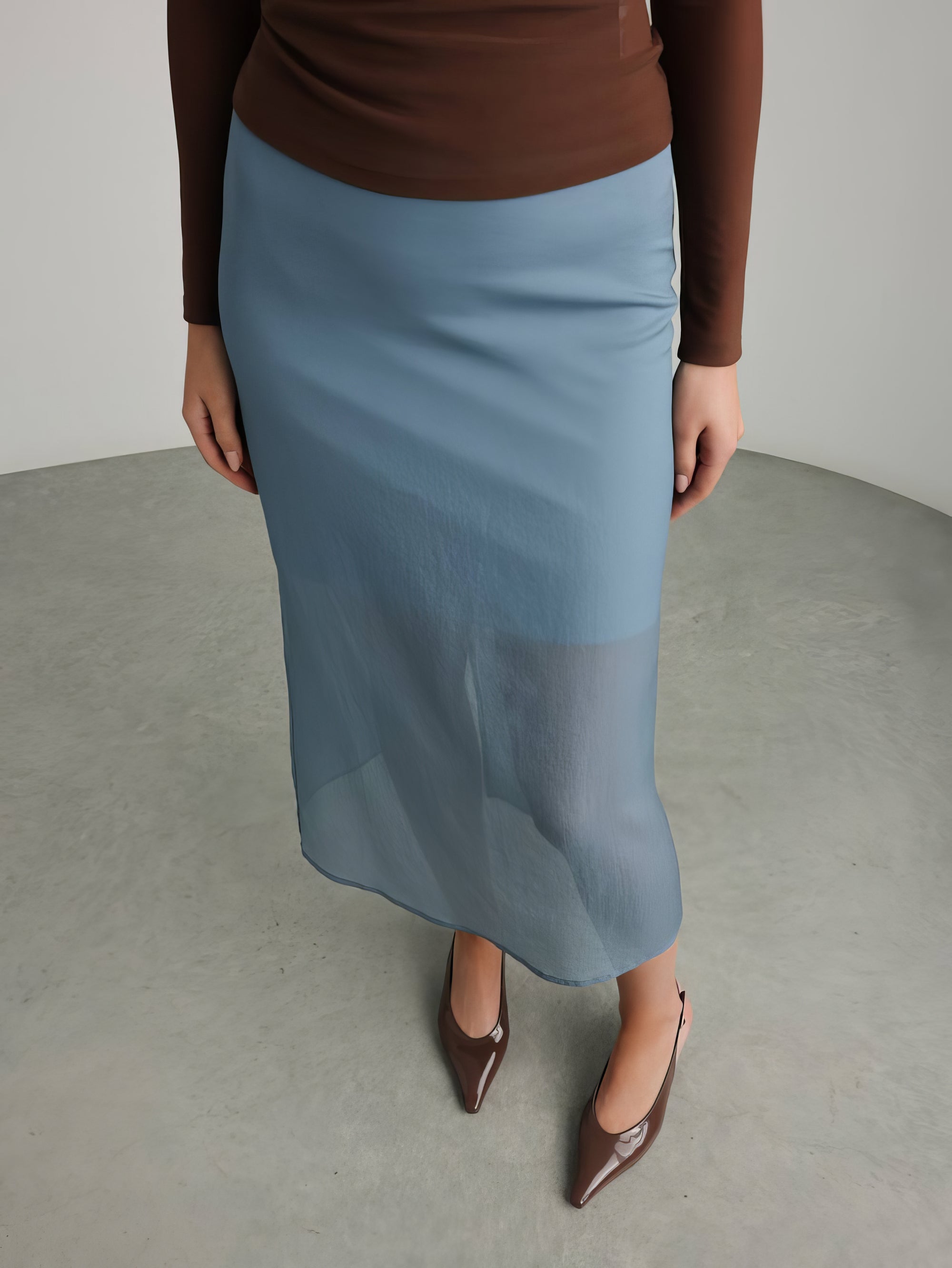 Asymmetric Cut Light Blue Midi Skirt