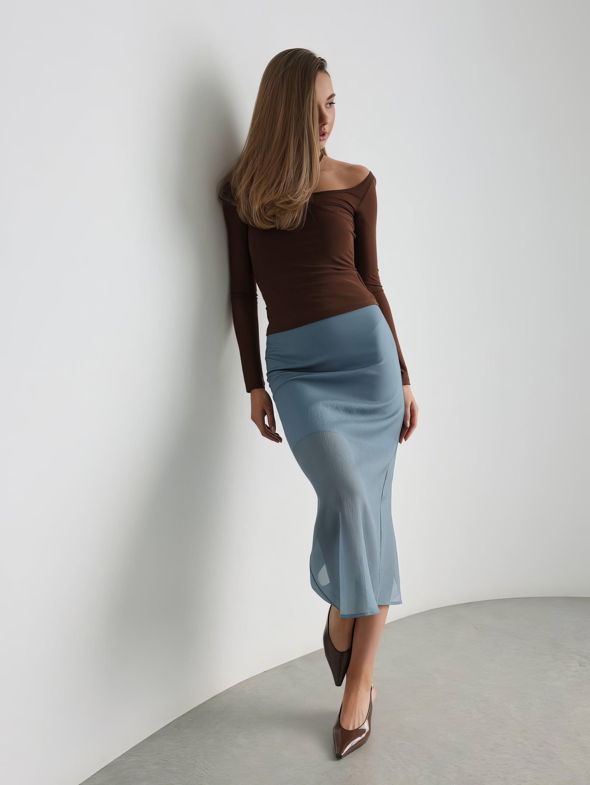Asymmetric Cut Light Blue Midi Skirt
