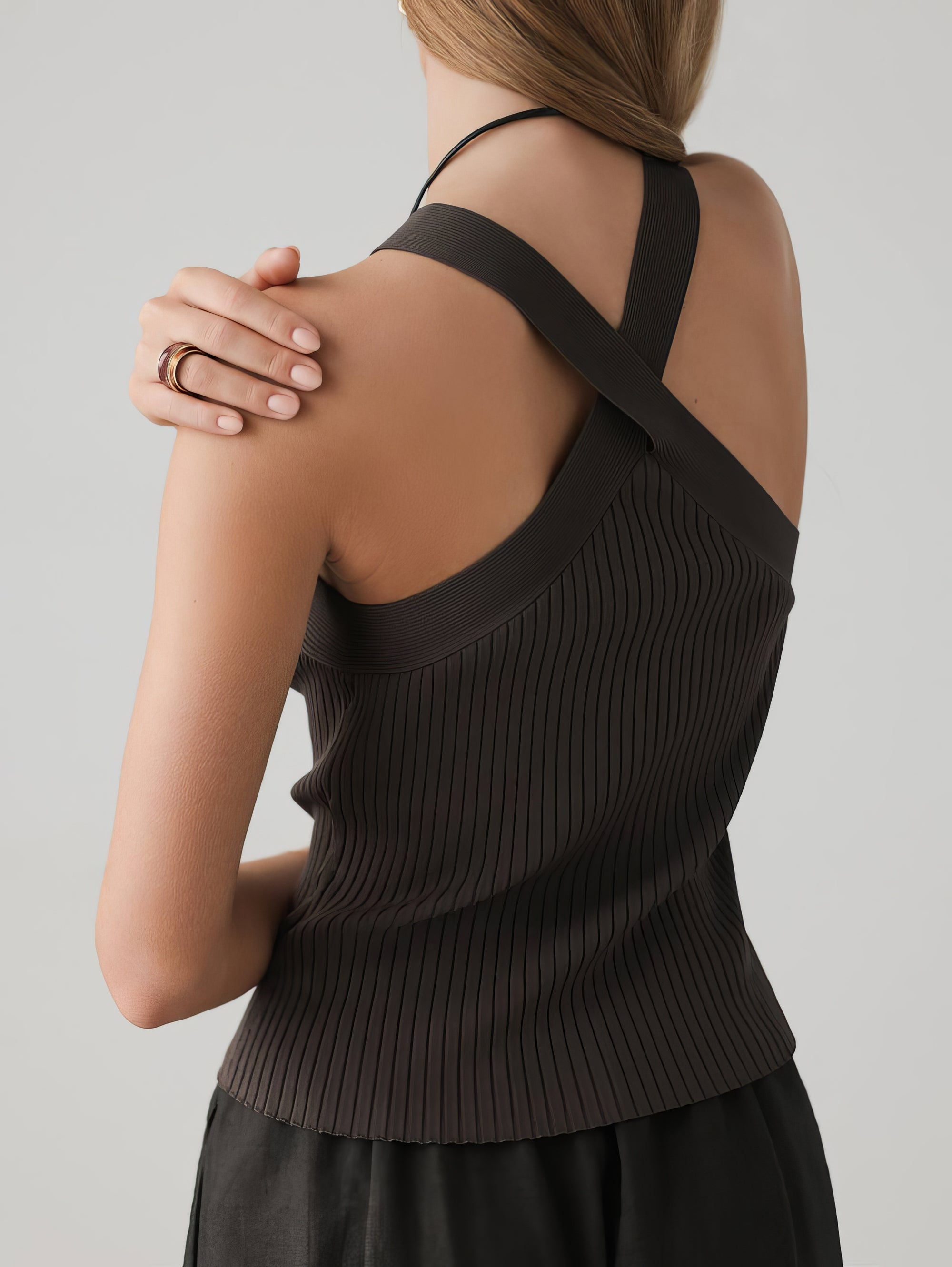 Crossover Neck Ribbed Knit Top