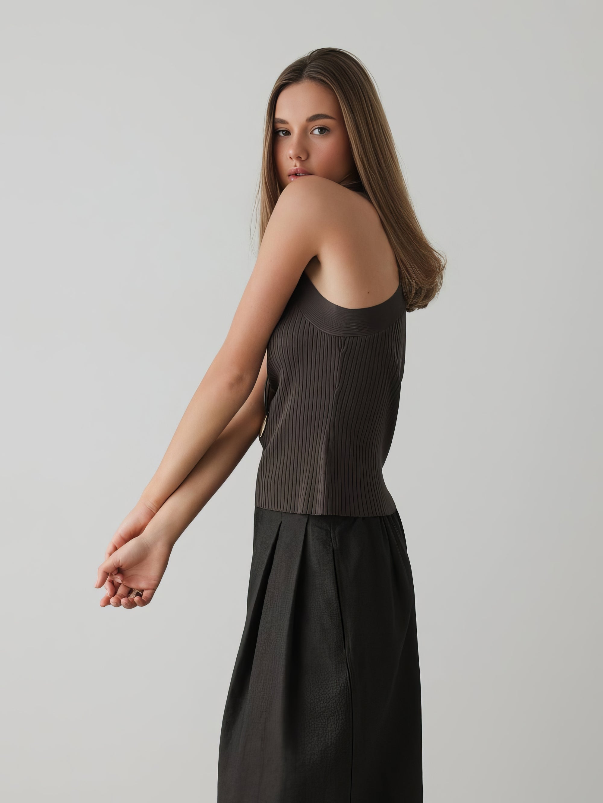 Crossover Neck Ribbed Knit Top
