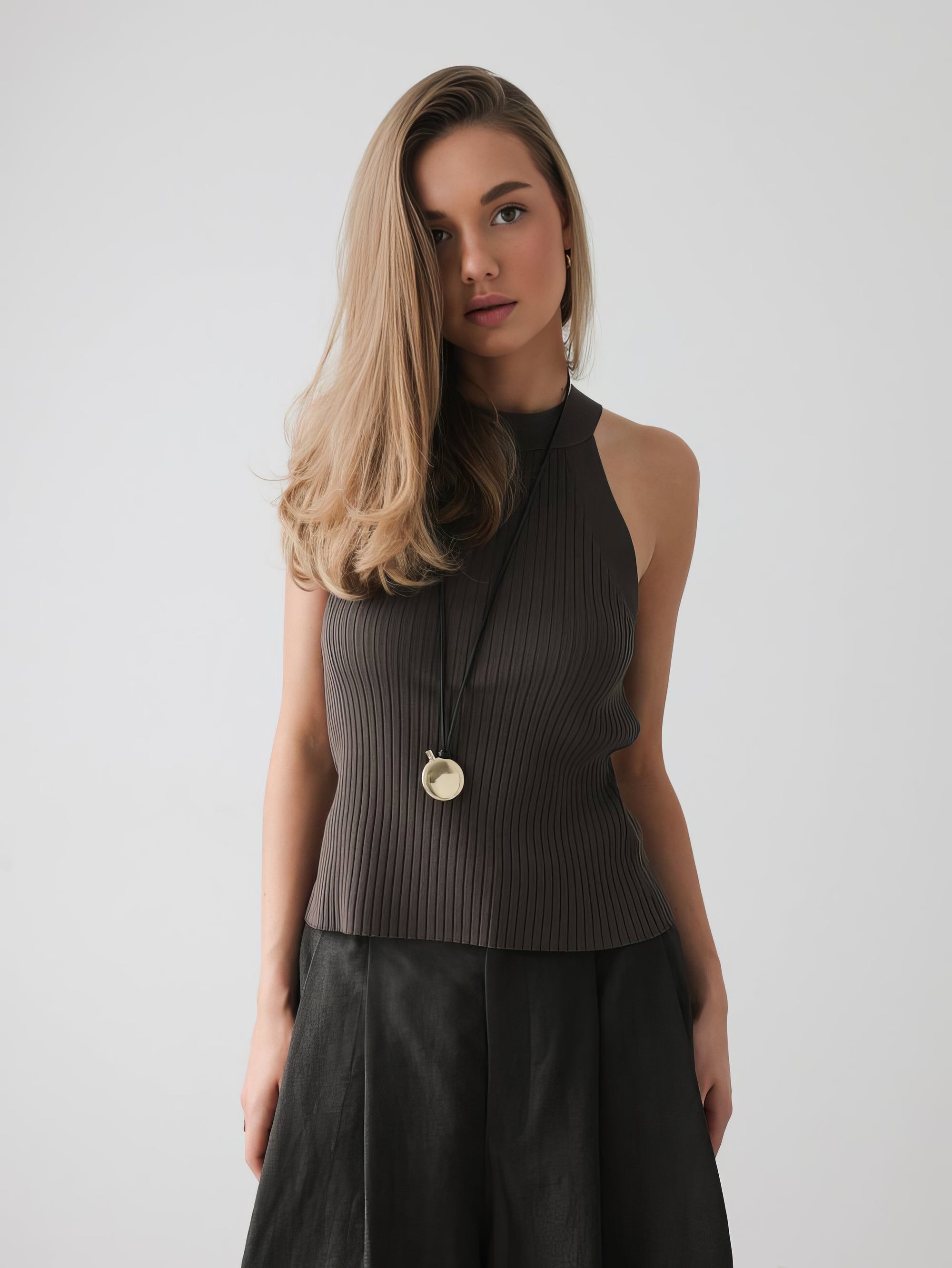 Crossover Neck Ribbed Knit Top