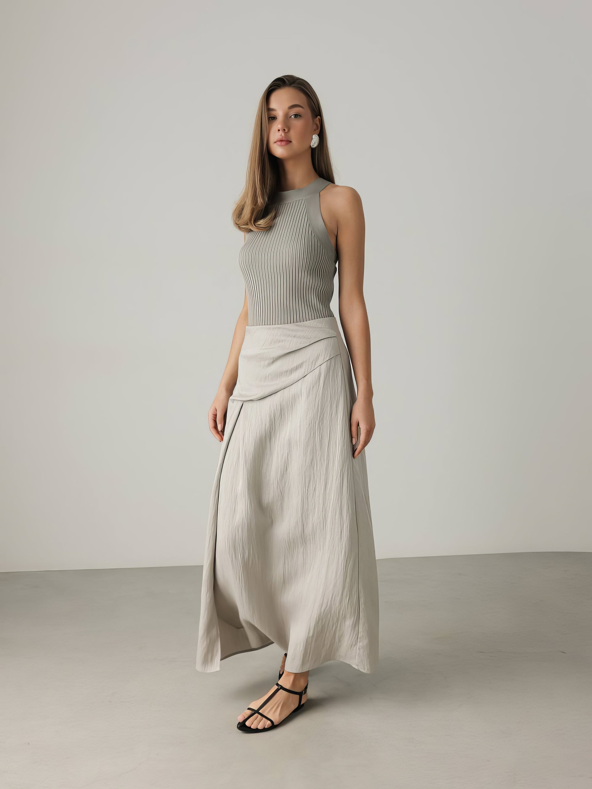 Asymmetric Cut Linen Blend Midi Skirt