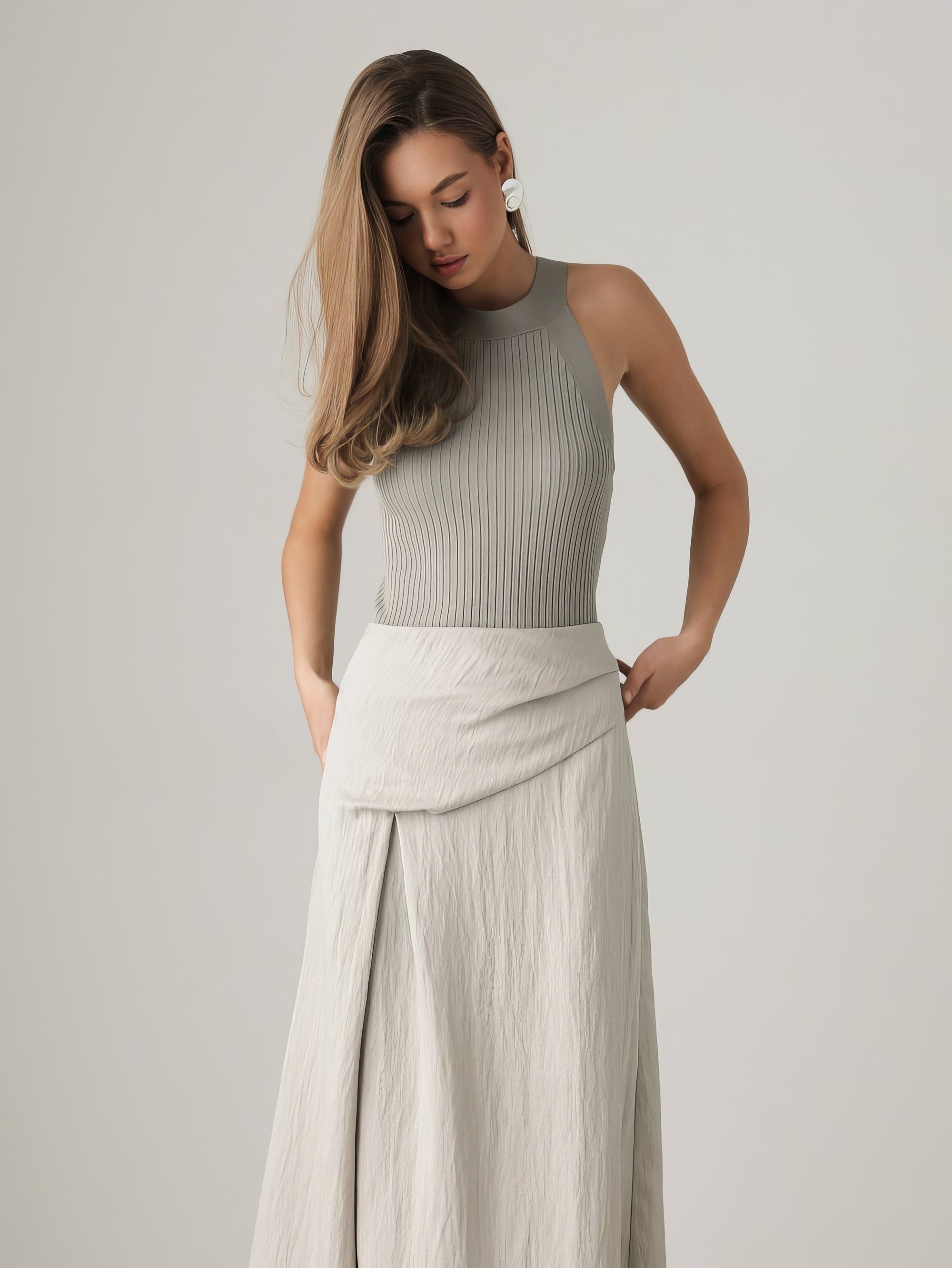 Asymmetric Cut Linen Blend Midi Skirt