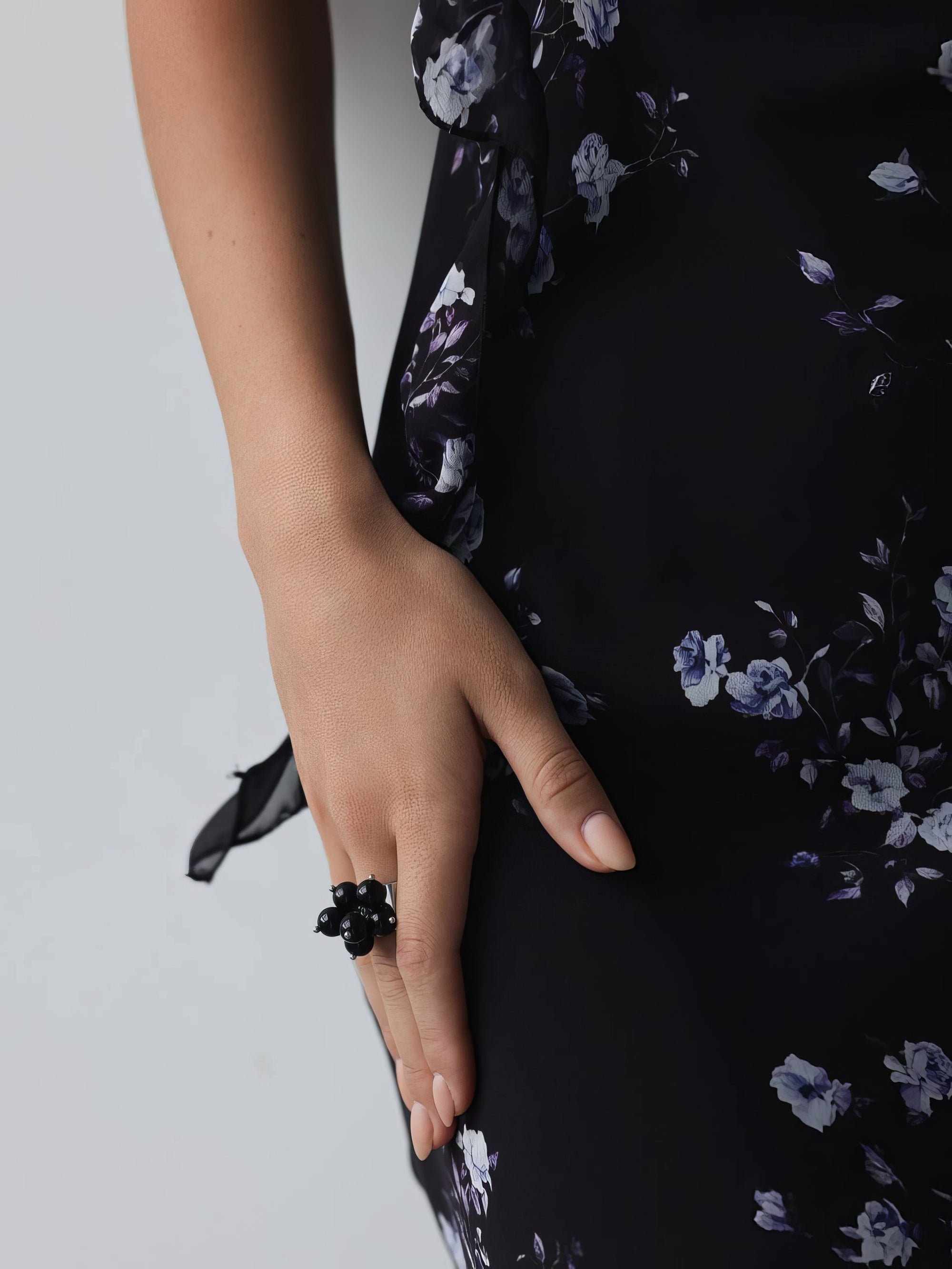 Romantic Floral Print Black Midi Dress