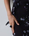 Romantic Floral Print Black Midi Dress